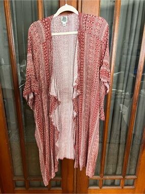 Ivy Jane Dark Red and Cream Tribal-Print Draped Kimono Duster Cover Up